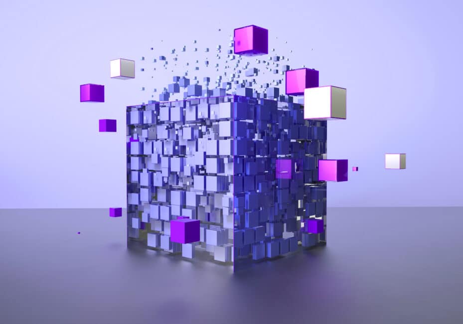 A purple block made of smaller purple blocks sitting on an empty plane.