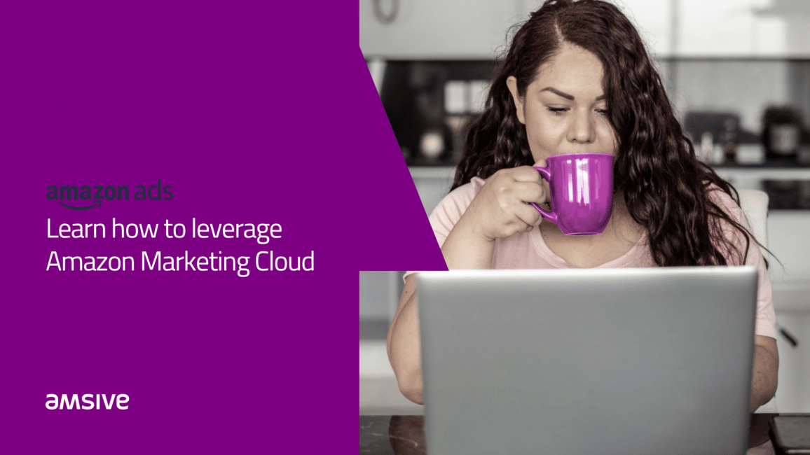 Amazon ads - learn how to leverage Amazon Marketing Cloud. The woman sipping a cup of coffee in front of a computer.